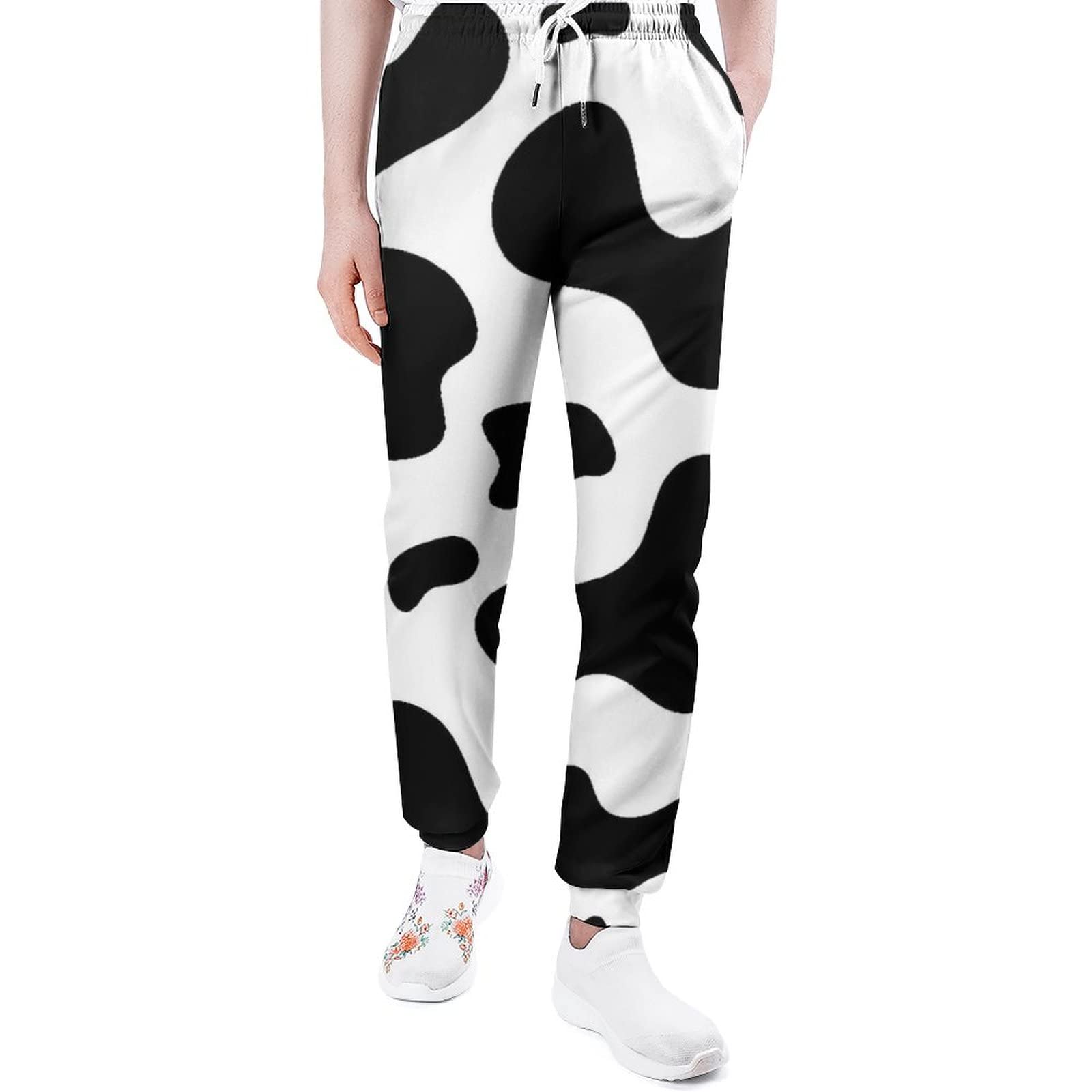 Amazon.co.jp: ロングパンツ 動物柄 牛柄 黒と白 ジョギングパンツ