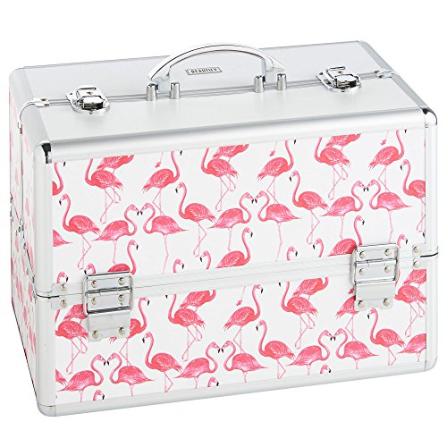Beautify Large Makeup Cosmetic Organizer Train Case 14" Professional Aluminum Pink Flamingo Storage Box with Lock