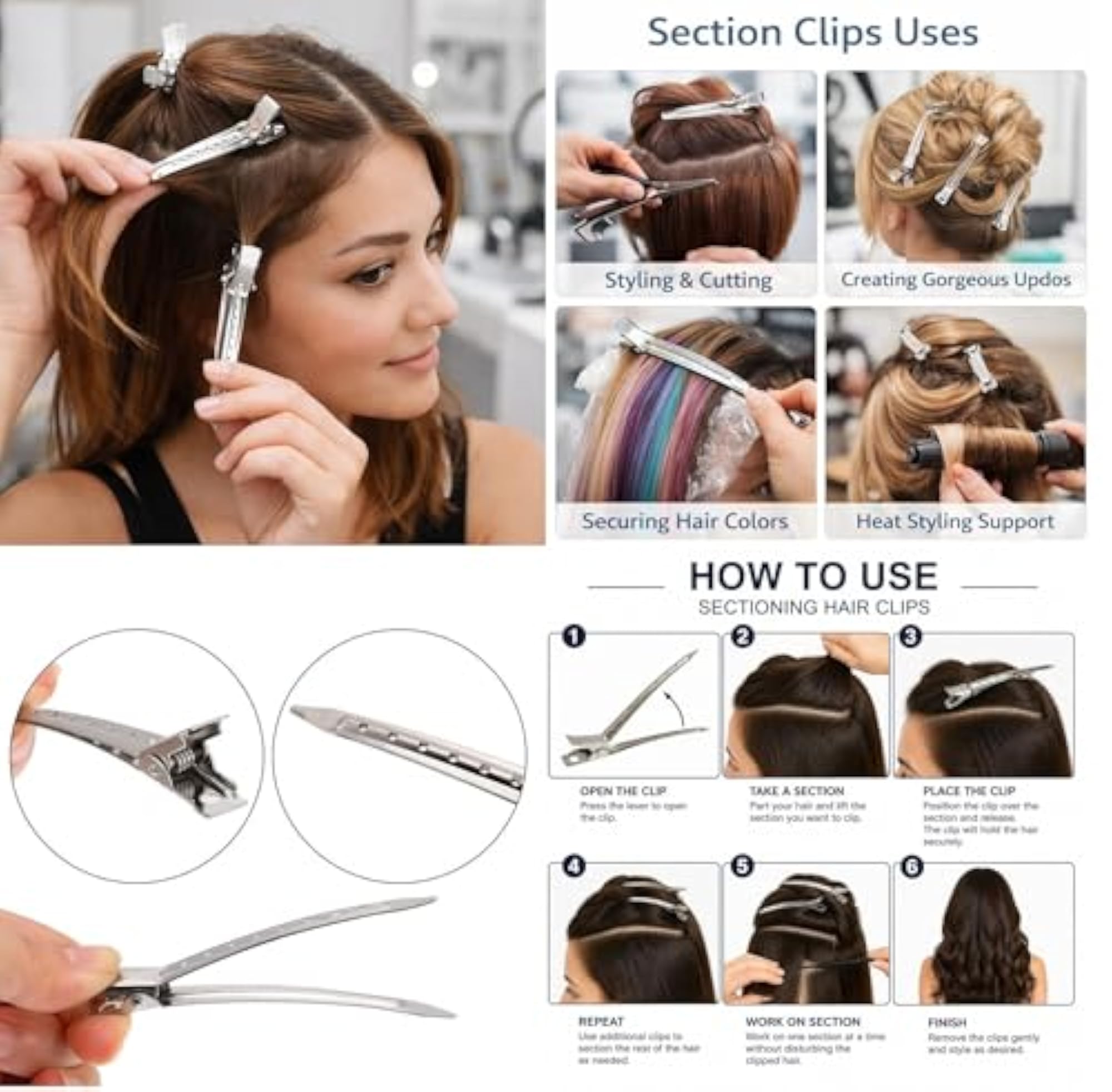 12pc Professional No-Crease Hair Sectioning Clips, Metal Duckbill