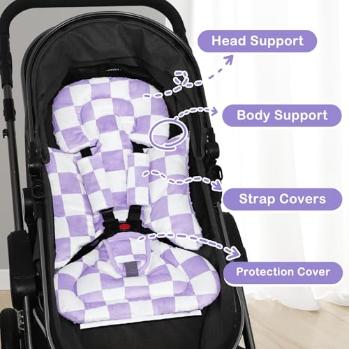 Image of DILIMI Infant Car Seat Insert, Baby Car Seat Head Support with 3 Strap Paddings, Soft Newborn Car Seat Cushion for Stroller, Swing, Bouncers, Purple Checkered