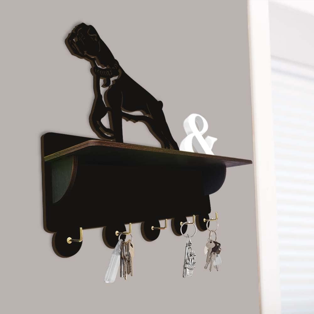 The Geeky Days Key Holder for Wall, Boxer Dog Wooden Wall Mounted Hat Coat Rack with Mail Medal Organizer Shelf, 5 Metal Hooks Hanger, for Closet Door Hanging for Puppy Lover Gift