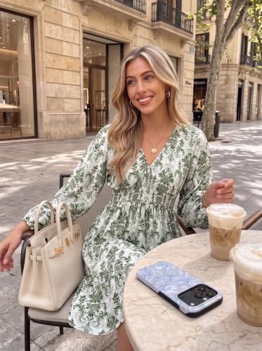 Image of Dokotoo Womens Dresses Boho Floral V Neck Long Sleeve Smocked Elastic Waist Casual A-Line Mini Dress Sundress