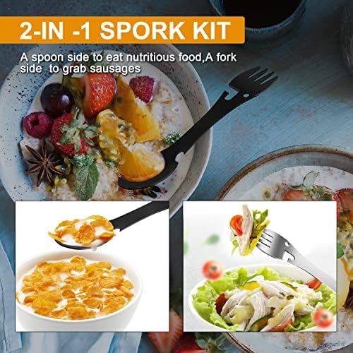Odoland 5-IN-1 Camping Cutlery Set Stainless Steel Multi-function with Spoon Fork Knife Bottle Opener Combo Mountain Buckles for Camping Hiking Picnic Party Black and Silver