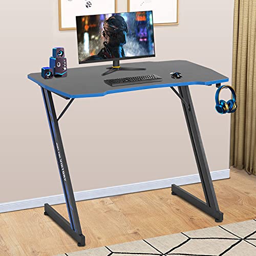 Image of BestOffice Gmaing Desk 35.4in PC Computer Desk, Blue Ergonomic Gaming Table Z Shaped Gaming Workstation with Headphone Hook for Home Office,Blue