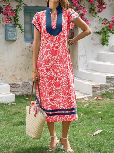 Image of Wenrine Womens Summer Floral Maxi Dress Casual Short Cap Sleeve V Neck Color Block Side Slit Loose Boho Beach Dresses