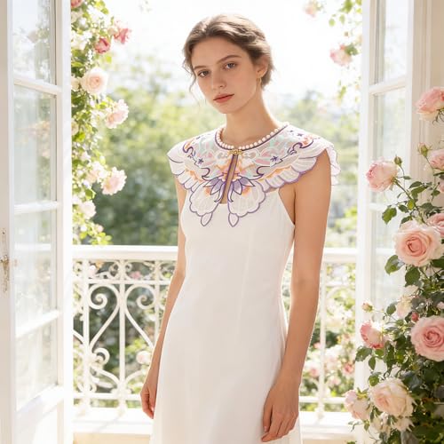 Image of SANNIDHI Sheer Butterfly Embroidered Detachable Collar Shawl, Faux Pearl Clasp Lace Capelet, Colorful Embroidery False Collar Neck Accessory for Dresses, Weddings & Formal Wear