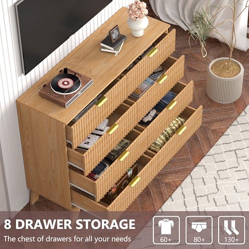 Image of 8 Drawer Dresser for Bedroom, 47''W Fluted Wooden Dresser Storage Cabinet and Chest of Drawers with Metal Handle, Storage Organizer for Living Room, Hallway, Entryway, Wood Color