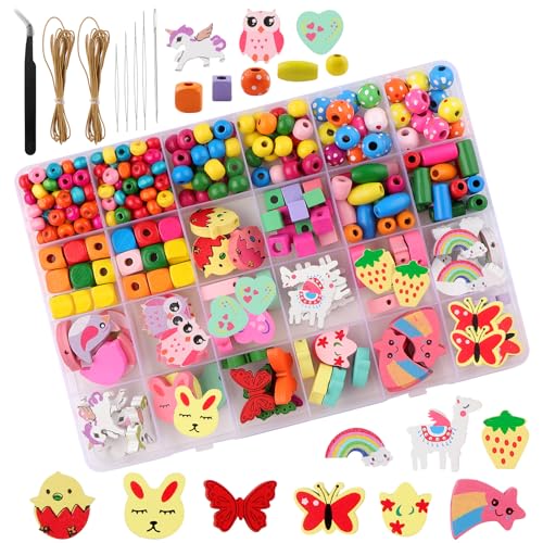 Lot de 500 perles en bois colorées à enfiler pour enfants - Perles en bois avec trou à enfiler - Perles de bricolage pour bracelets, colliers - Cadeau (500 perles en bois colorées C)