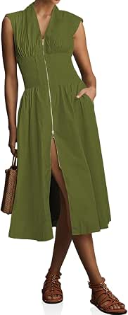 Wenrine Women's Summer Smocked Midi Dress – V-Neck Cap Sleeve With Side Slit & Pockets, Flowy Long Dress For Casual Wear - View #5