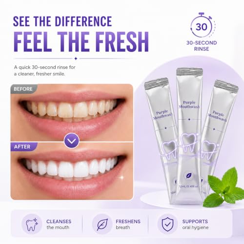 Image of Purple Mouthwash Whitening Sachets 40 Pack, Color Correcting Mouthwash - Peroxide & Alcohol Free, Freshens Therabreath, Oral Care Supports, Mint Flavor