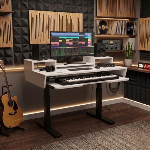 Image of TEKAVO Kreate Studio Table Height Adjustable Music Production | Monitor Riser + Long Keyboard Tray | Desk for Editing Studio, Gaming, Workstation | White, Metal | 153L x 76.5 W x 70 to 120H CM | DIY