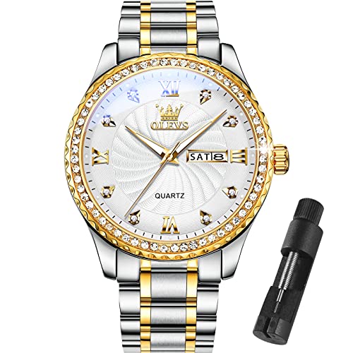 OLEVS Gold Mens Diamond Watch Luxury Stainless Steel Waterproof Watch White Face with Day and Date Mens Classic Dress Watches Quartz Two Tone Big Face Roman Number Men's Wrist Watch Luminous Analog Reloj De Hombre