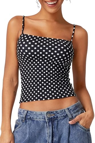 QINSEN Women's Square Neck Tank Top Double Lined Adjustable Spaghetti Straps Sleeveless Basic Cami Shirts White Polka Dots M