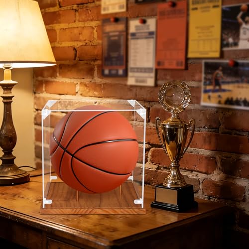 Image of Clear Acrylic Basketball Display Case with Wood Base & Tee, Memorabilia Stand Cube Holder, Dust Protection Transparent Storage Box for Single Ball Souvenir Basketball Collections