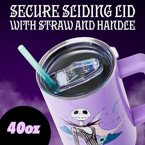 Image of Silver Buffalo Disney Nightmare Before Christmas by Tim Burton Jack Skellington Double Walled Stainless Steel Tumbler with Handle and Straw, Fits in Standard Cup Holder, 40 Ounces
