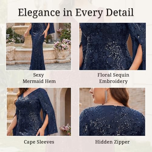 Image of Plus Size Formal Dresses for Women with Embroidery Sequin and Cape Sleeve, V-Neck Maxi Dress for Wedding and Party