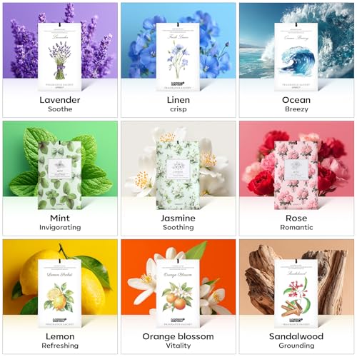 Image of MYARO 20 Pack Jasmine Scented Sachets - Fresh Drawer & Closet Air Freshener Bags, Odor Eliminator for Bathroom, Lingerie Drawers, Car & Travel