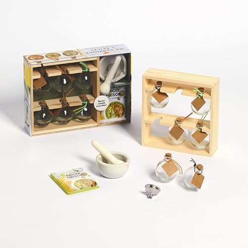 FIRST - Coffret Ma fabrique à épices: Le livre Les épices maison et leur utilisation avec 6 bocaux, 1 étagère, 1 mortier, 1 pilon, 1 entonoir et des étiquettes