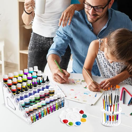 Image of 2 Pcs Acrylic Paint Organizer With Brush Holder, 7 Layer Miniature Paint Storage Rack for Craft Hobby Miniature Model Storage, Easy Assembly