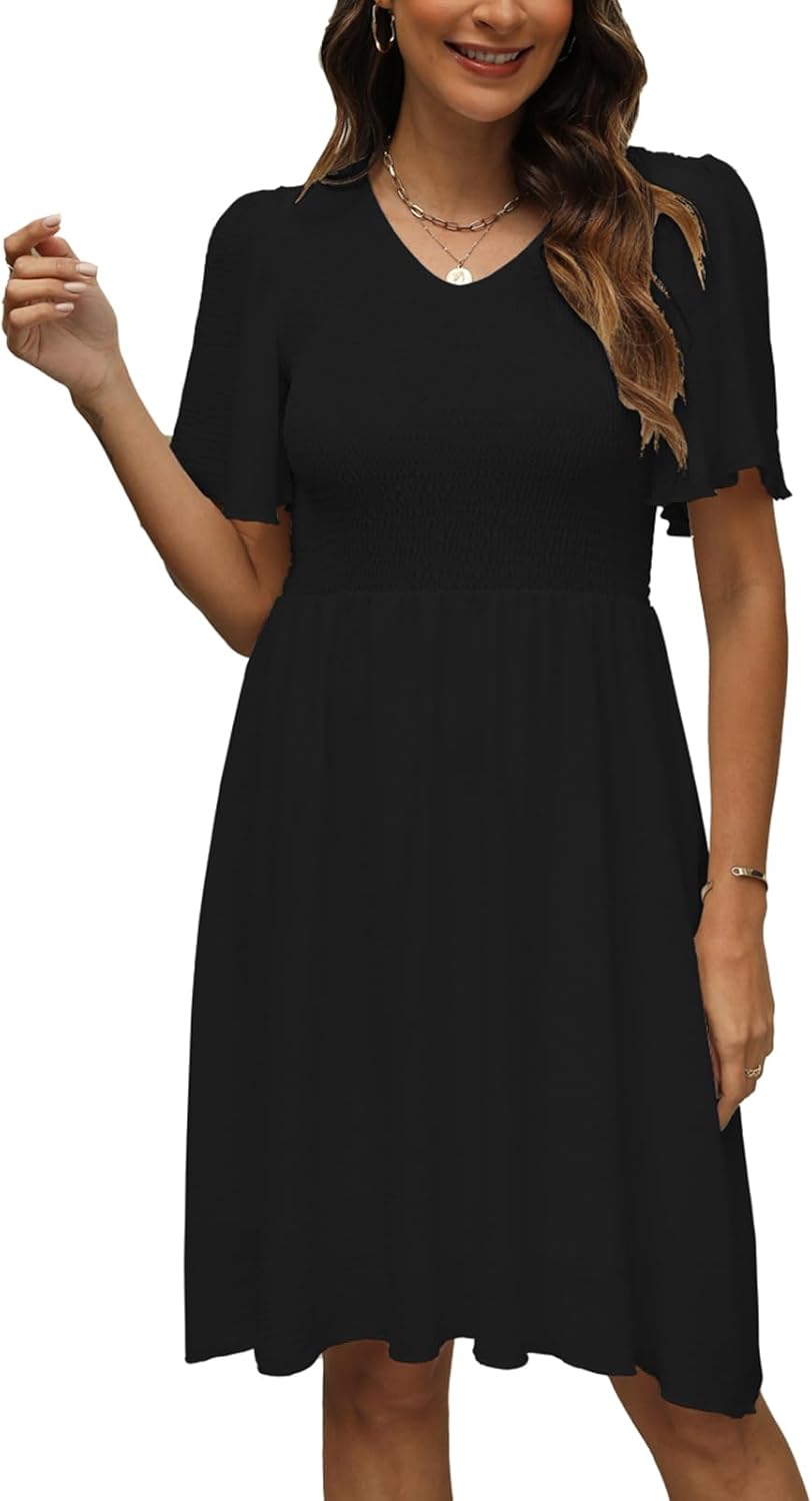 Women's Casual Dress Summer 2025 Mini V Neck Dress Short Sleeve Elastic Flowy Swing Dress Black Medium (color is blue)