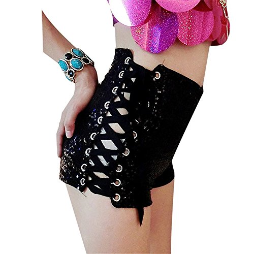 Yollmart Women's Sexy Hot Shorts Female High Waist Performance Sequins Shorts-Black-US2