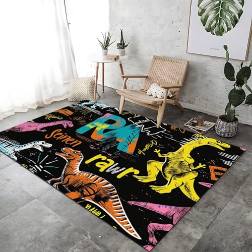 Area Rugs Playful Rock Dinosaur GraffitiTheme Bedroom Non-Slip Rug - Colourful Durable Carpet - Washable Mat Rug for Living Room and Bedroom Bedside Decor 160 x 230cm
