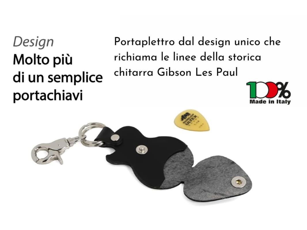 ends cuoio Porta Plettro a Forma di Chitarra Gibson Les Paul, Custodia per Plettro in Vero Cuoio con Moschettone, Accessori per Musicisti - 100% Made in Italy (Nero)