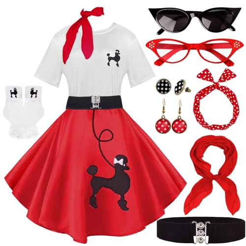 10Pcs Sock Hop Outfits Costume Women, 1950s Poodle Skirts, Poodle T-Shirt with 50s Accessories Set Scarf Headband Belt Socks Eyeglasses Earrings (Red-2XL)