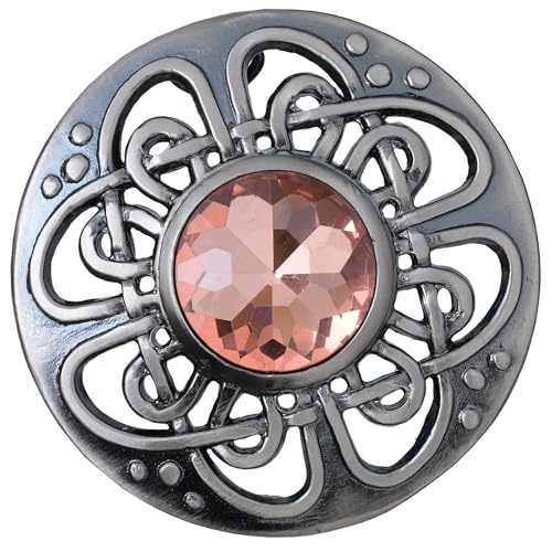 Image of Elegant Culloden Plaid Brooch - Scottish Kilt Fly Plaid Brooch Intricate Celtic Knot in Pewter with Gemstone 3-Inch Diameter - Ideal for Scottish Kilts & Formal Wear