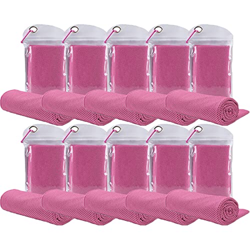 immoono 10 Pack Cooling Towels Bulk Microfiber Ice Towel Quick Dry Breathable Chilly Sweat Towel Stay Cool Towel for Neck Face Yoga Gym Workout Running Pilates Beach with Carabin Bag, 40x12'', Pink