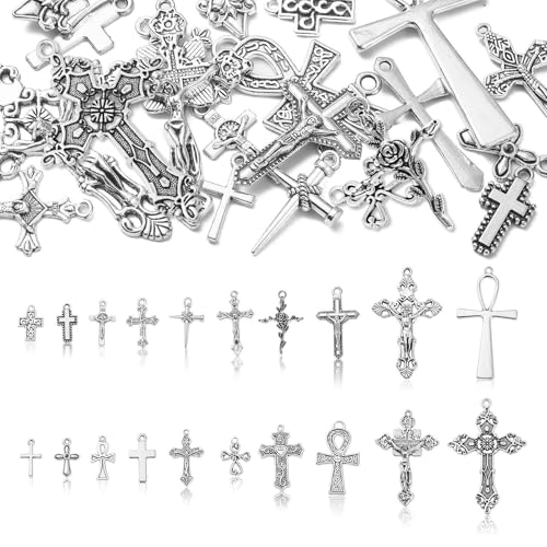 LiQunSweet 20 Pcs Classic Tibetan Style Pendants Metal Cross Religion Pendant Sets Charms Bulk Lot for Christmas Halloween Jewelry Making DIY Crafts