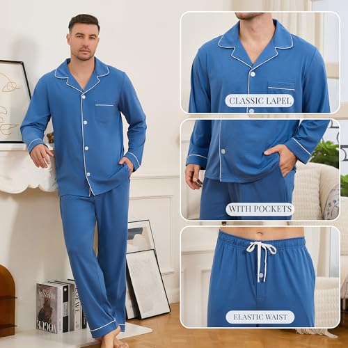 Vulcandon Mens Pajamas Set, Soft Classic Lapel Button Down Long Sleeve Lightweight Comfy Sleepwear Lounge Pajamas for Men4