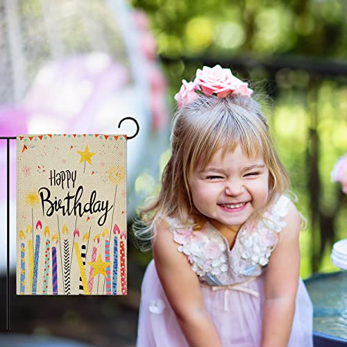 Happy Birthday Garden Flags Burlap 12X18 Double Sided Yard Signs Vertical For Outside, Colorful Candles Welcome Party Personalized Girl Boy Gift Outdoor House Farmhouse Decor #TOP4