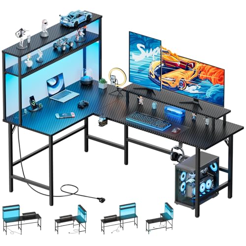 HLONONE Gaming Tisch mit LED, 150 x 100 cm Eckschreibtisch mit 3 Steckdosen und 2 USB, Reversibel Gaming Schreibtisch L Form, Computertisch mit Monitorständer und Aufsatzregal, Kohlefaser Schwarz