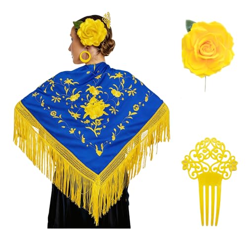 Genérico Manton de Manila Mujer Flamenca, Manton Bordado+Rosa Flamenca para el Pelo+Peineta Flamenco+Accesorios Feria de Abril (Azulón y amarillo, Adulto)