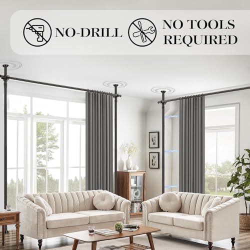 Image of Room Divider Curtain Set-No Drilling Curtain Rod Set, Curtains for Dividing Bedroom, Curtain Room Divider for Privacy Grey-100 W x 96 inch L(Pack of 1)