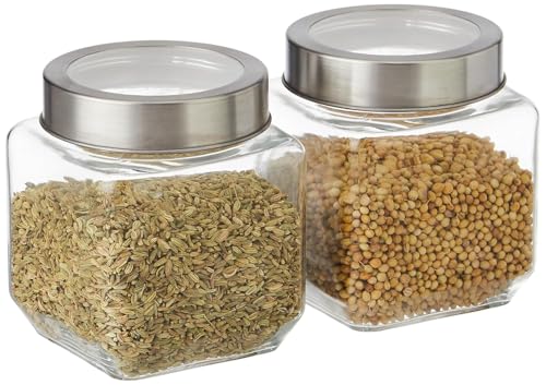 Image of CROCO JAR Square Glass Storage Containers 580ml | Transparent Airtight Kitchen Jars with Steel Lid | Cubical Glass Jars for Pantry, Snacks, Dry Fruits, Masala, Pickle & Coffee Beans | Pack of 2