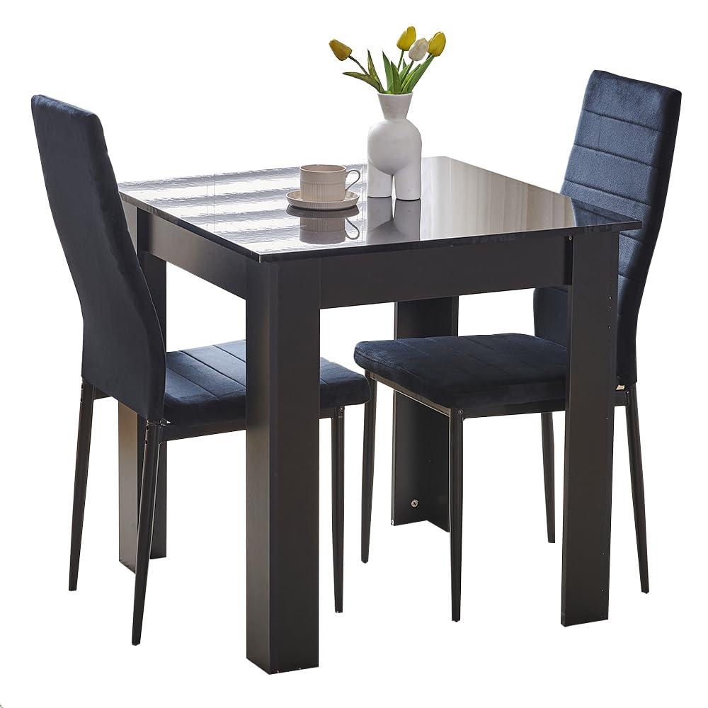 Rainbow Tree Modern 3 Piece Dining Room Table and Chairs Set, Wooden Square Table with 2 Chairs for Small Space Apartment Space Saving (Black Table+2 Black Velvet Chair) — image 1