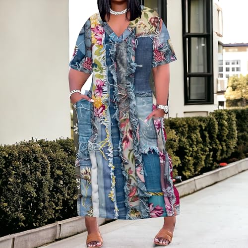 Image of SUZONANA Womens Plus Size Denim-Print Fashion Maxi Dresses Casual Soft Tshirt Dress
