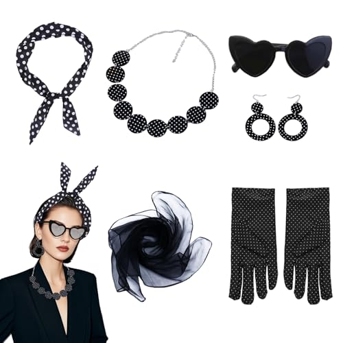 8 Stück Rockabilly Accessoires 50er Jahre, Black And White Party outfit, 50er Jahre Damen Set Chiffon Cchal Katzenauge Brille Polka Dot Stirnband Ohrringe Handschuhe Halskette Retro Teily Party