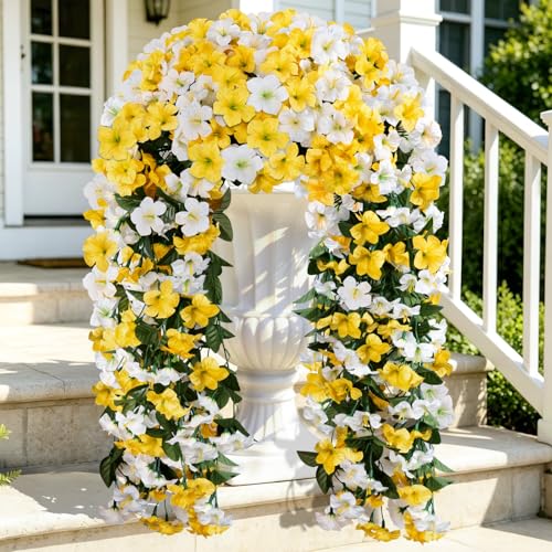 Julako Artificial Hanging Flowers for Outdoors, 2 PCS 272 Blooms UV Resistant Morning Glory Faux Silk Vines, No-Odor Realistic Fake Plants for Garden Planter Porch Patio Decoration, Yellow White