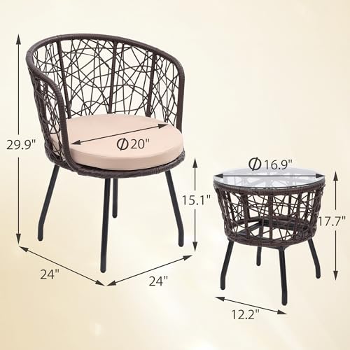 Image of Kromax 3-Piece Patio Modern Bistro Set, Brown /Begie | Outdoor All-Weather Wicker Furniture Chairs and Side Table Set, Ideal for Balcony, Porch and Backyard