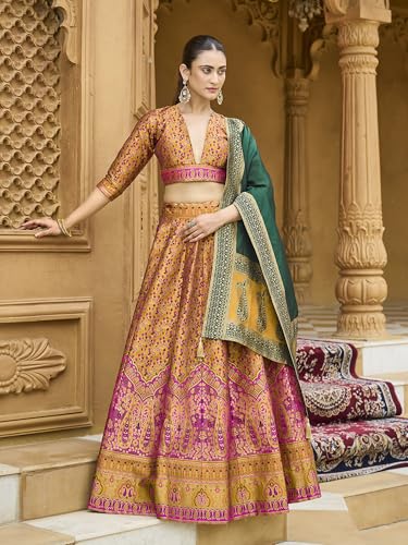 Image of PURVAJA Women's Kanjiwaram Semi-Stitched Lehenga choli