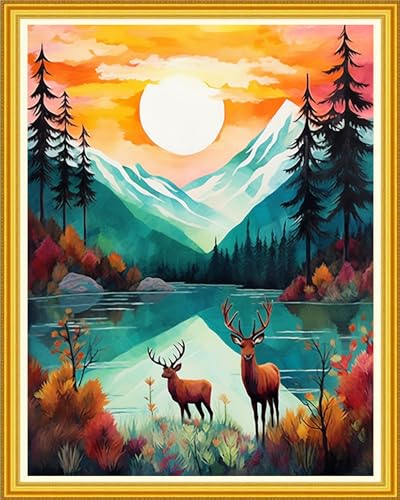 Image of DMCVIVR Stamped Cross Stitch Kits for Beginners Adults Needlepoint Kits for Beginners Embroidery Kits for Adults Crossstitch Kit for Beginners 11CT-Early Morning elk 16x20 inch, ArtKits36