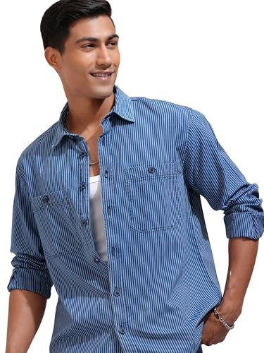 Image of Locomotive Premium Men Washed Dobby Textured Utility Pocket Oversized Over Shirt Blue