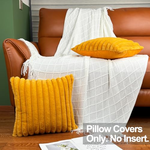 18x18 Throw Pillow Covers Set of 2, Decorative Faux Fur Covers for Bed, Couch Soft Fluffy Pillow Cover with Velvet Back for Living Room, Neutral Home Décor Accent for Sofa - Yolk Yellow