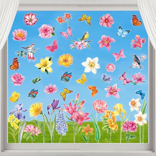 8 Sheets Spring Window Clings Flower Butterfly Window Decals Anti-Collision