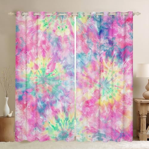 Erosebridal Kids Tie Dye Curtains, Boho Batik Pink Window Curtains