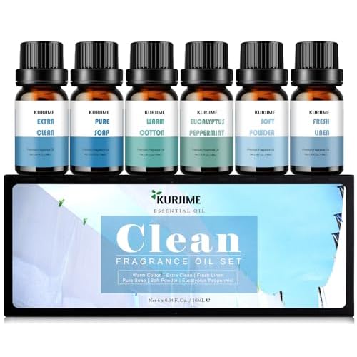 Essential Oils Set, Clean Scents Fragrance Oil Essential Oils for Diffuser Aromatherapy | Fresh Linen, Extra Clean, Warm Cotton, Soft Powder, Pure Soap, Eucalyptus Peppermint, 6x10ml
