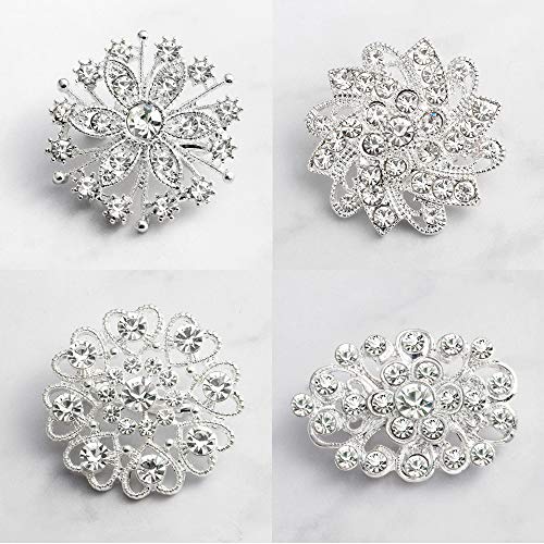 Danbihuabi 4pcs Silver Rhinestone Flower Pearl Wedding Brooches Pins Set